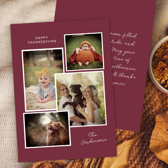 Burgundy Custom Family Photo Collage Thanksgiving  Holiday Card (Creator Uploaded)