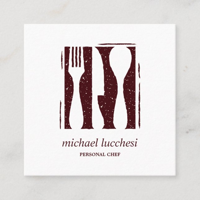 Burgundy Cutlery | Chef Catering Bakery Restaurant Square Business Card (Front)