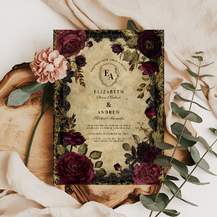 Burgundy Dahlia and Gold Baroque Romance Invitation