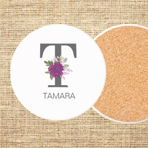 Burgundy Dahlia Floral Alphabet Letter Monogram Coaster