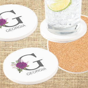 Burgundy Dahlia Floral Alphabet Letter Monogram   Coaster