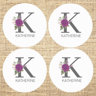 Burgundy Dahlia Floral Alphabet Letter Monogram Coaster
