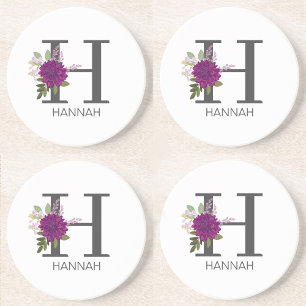 Burgundy Dahlia Floral Alphabet Letter Monogram   Coaster