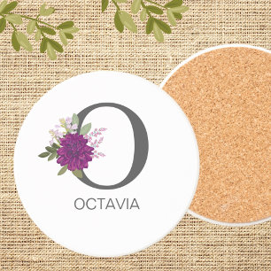 Burgundy Dahlia Floral Alphabet Letter Monogram   Coaster