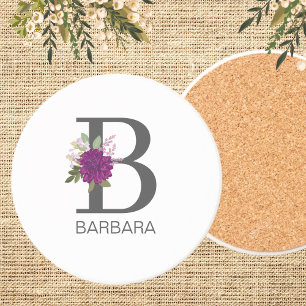 Burgundy Dahlia Floral Alphabet Letter Monogram Coaster