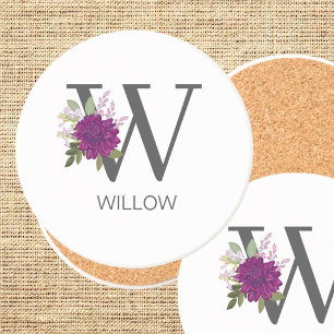 Burgundy Dahlia Floral Alphabet Letter Monogram Coaster