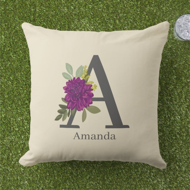 Burgundy Dahlia Floral Alphabet Letter Monogram  Cushion (Grass)