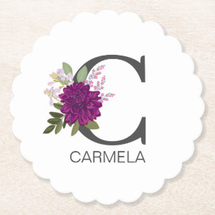 Burgundy Dahlia Floral Alphabet Letter Monogram O Paper Coaster