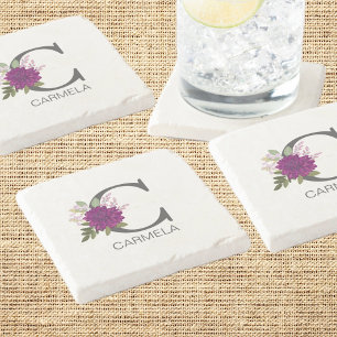 Burgundy Dahlia Floral Alphabet Letter Monogram  O Stone Coaster