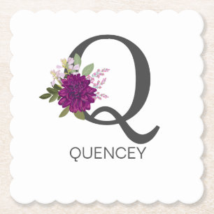 Burgundy Dahlia Floral Alphabet Letter Monogram Paper Coaster
