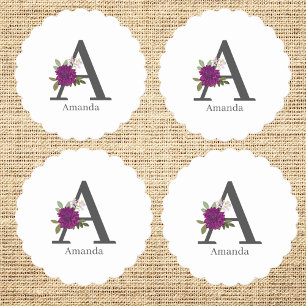Burgundy Dahlia Floral Alphabet Letter Monogram Paper Coaster