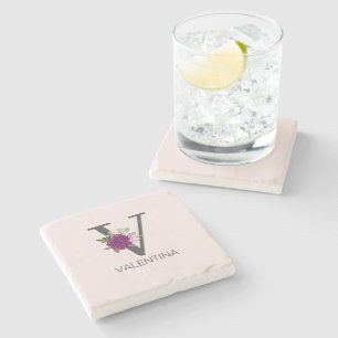 Burgundy Dahlia Floral Alphabet Letter Monogram Stone Coaster