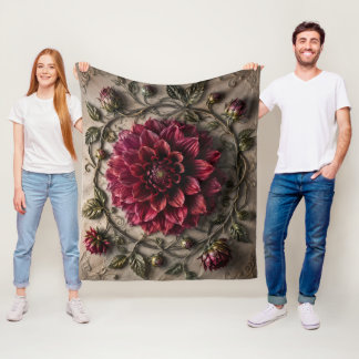 Burgundy Dahlia Flower Botanical Floral Art Fleece Blanket