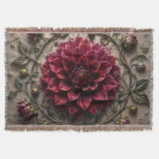 Burgundy Dahlia Flower Botanical Floral Art Throw Blanket