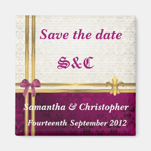Burgundy damask and gold ribbon save the date magnet
