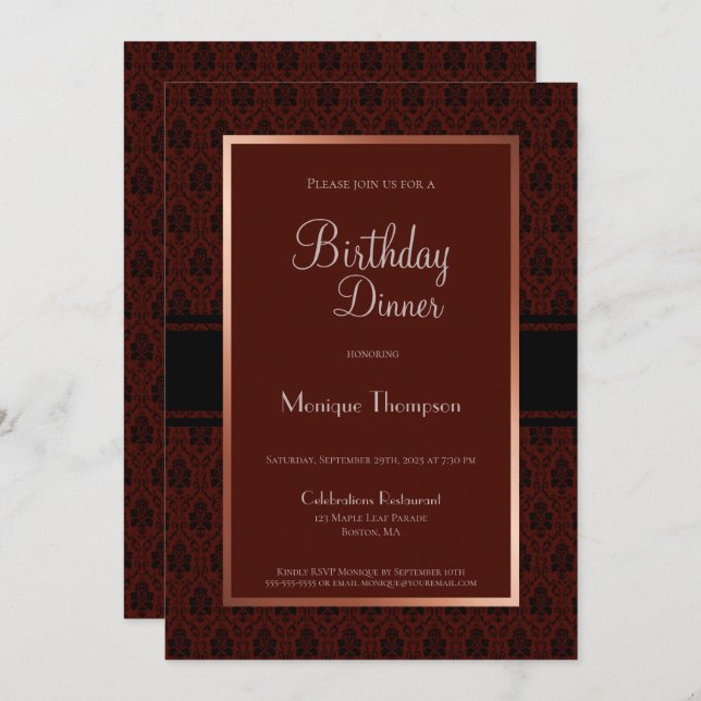 Burgundy Damask Birthday Dinner Party Invitation (Front/Back)