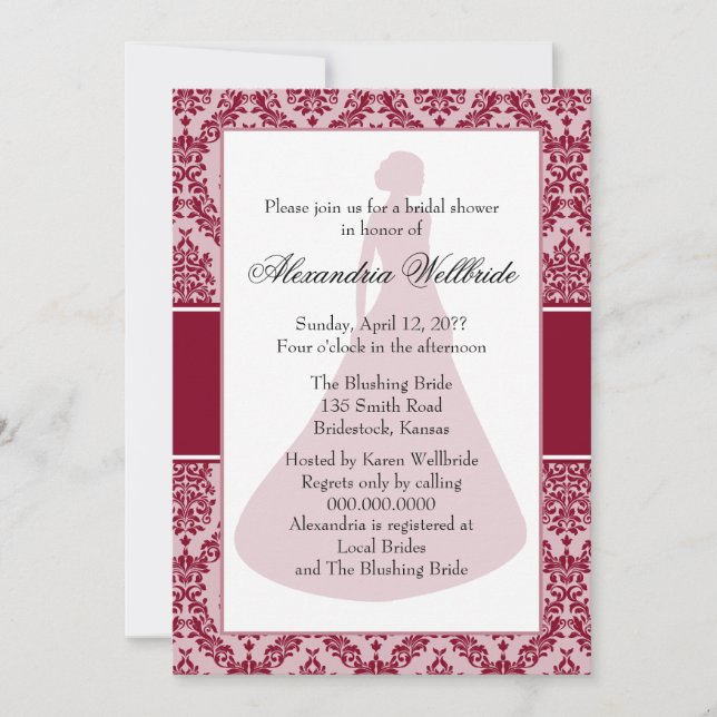 Burgundy Damask Bridal Shower Invitation (Front)