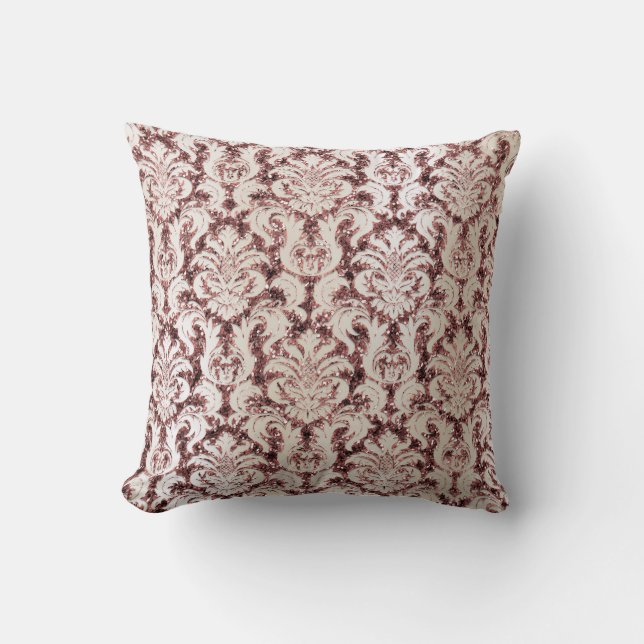 Burgundy Damask Pink Rose Gold Sequin Ivory Pearl Cushion (Front)