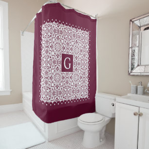 Burgundy damask, scalloped borders and monogram shower curtain