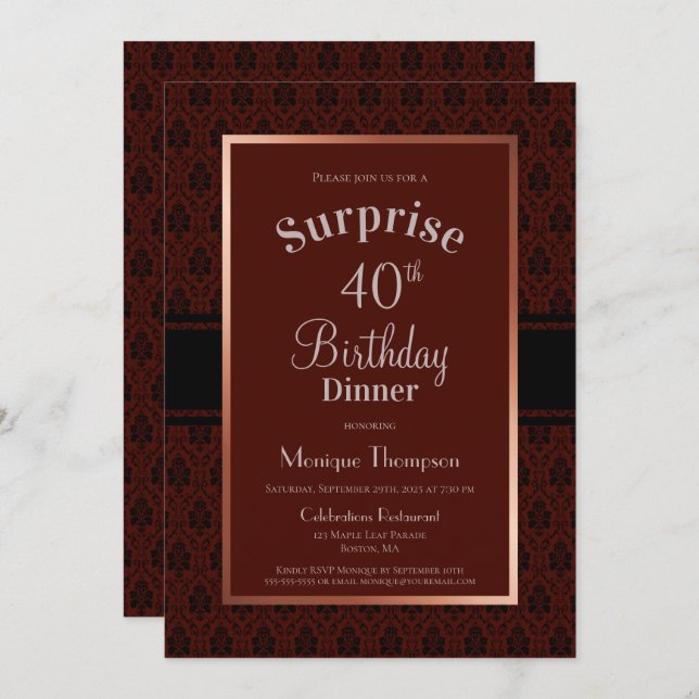 Burgundy Damask Surprise 40th Birthday Dinner Invitation (Front/Back)