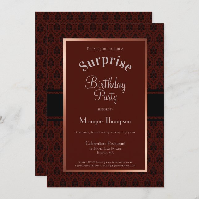 Burgundy Damask Surprise Birthday Party Invitation (Front/Back)
