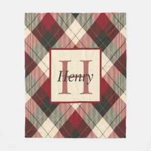 Burgundy, Dark Gray and Tan Plaid Personalized Fleece Blanket