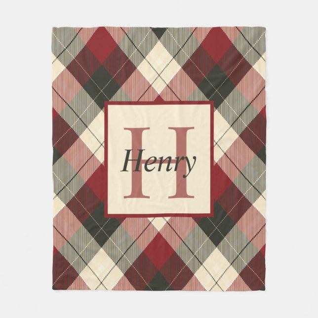 Burgundy, Dark Gray and Tan Plaid Personalized Fleece Blanket (Front)