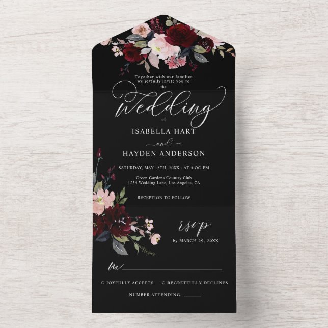 Burgundy Dark Moody Floral Black Elegant Wedding All In One Invitation (Inside)