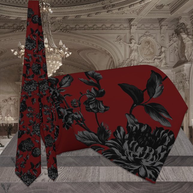 Burgundy Dark Red & Black Floral Wedding Tie (Creator Uploaded)