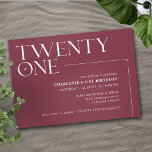 Burgundy Dark Red | Elegant Maroon 21st Birthday Invitation<br><div class="desc">Modern 21st birthday invitations with large heading "twenty one" text in an accent font. Off-centre design with white font on a contrasting deep red background.</div>
