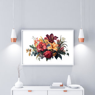 Burgundy Dark Red Peach Vintage Floral Greenery Poster