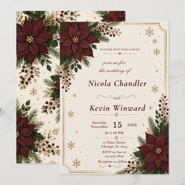 Burgundy Deep Green Winter Wedding Invitation (Front/Back)