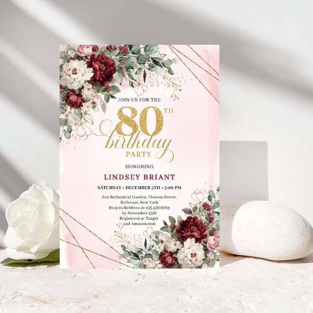 Burgundy Deep Red Floral Gold 80th Birthday Invitation (Burgundy Deep Red Floral Gold 80th Birthday)