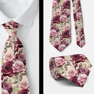 Burgundy Deep Red Roses Blush Mauve Neck Tie
