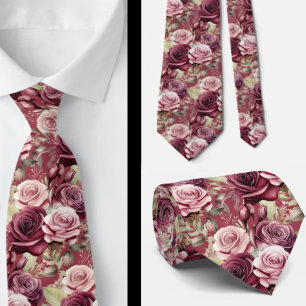 Burgundy Deep Red Roses Blush Mauve Neck Tie