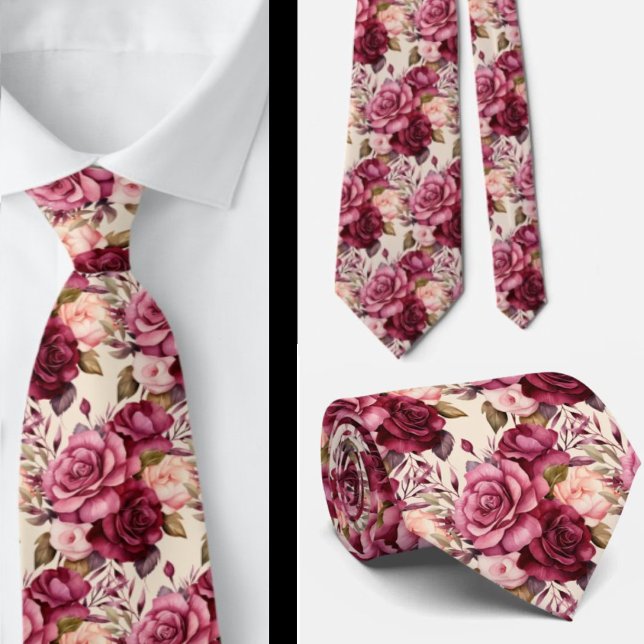 Burgundy Deep Red Roses Blush Mauve Neck Tie (Creator Uploaded)