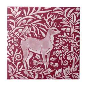 Burgundy Deer Buck Birds Woodland Forest Animal Ceramic Tile