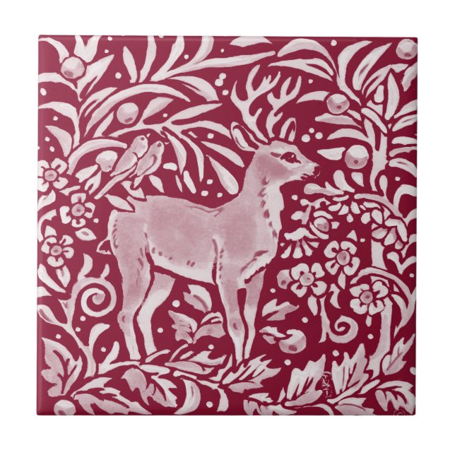 Burgundy Deer Buck Birds Woodland Forest Animal Ceramic Tile (Front)
