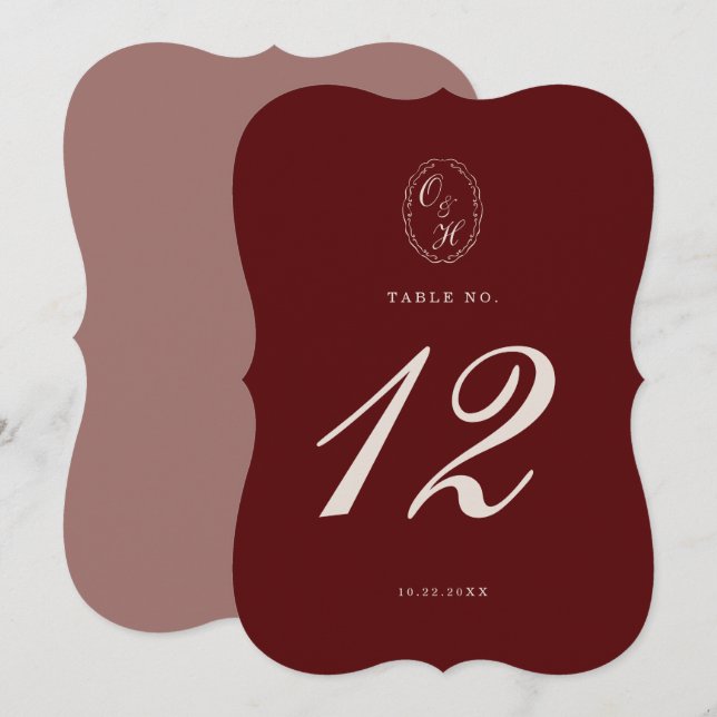 Burgundy Die-Cut Wedding Table Number (Front/Back)