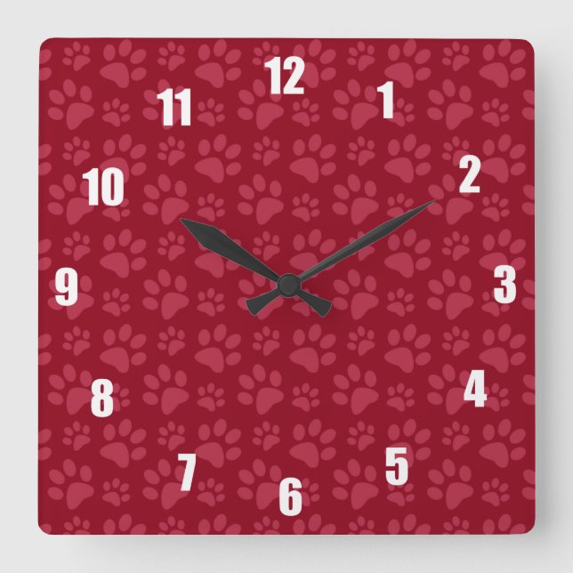 Burgundy dog paw print pattern square wall clock (Front)