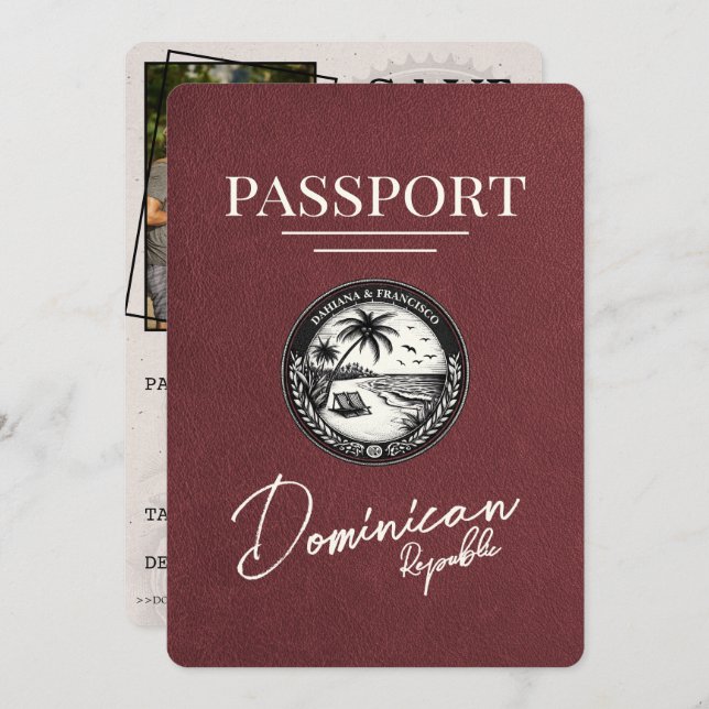 Burgundy Dominican Republic Passport Save The Date (Front/Back)
