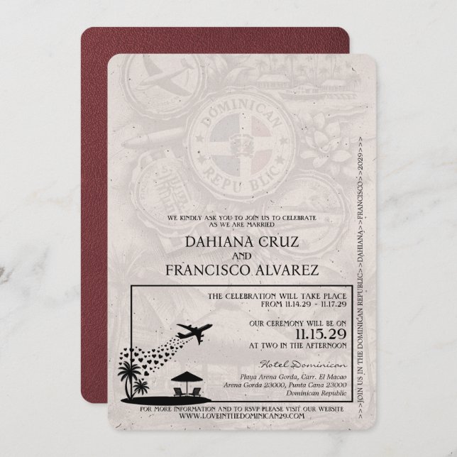 Burgundy Dominican Republic Passport Wedding Invitation (Front/Back)