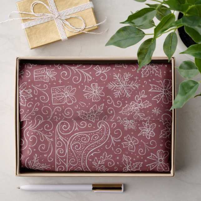 Burgundy Doodle Christmas Sleigh Pattern Tissue Paper (Gift)