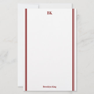 Burgundy Double Lines Monogram & Name Stationery