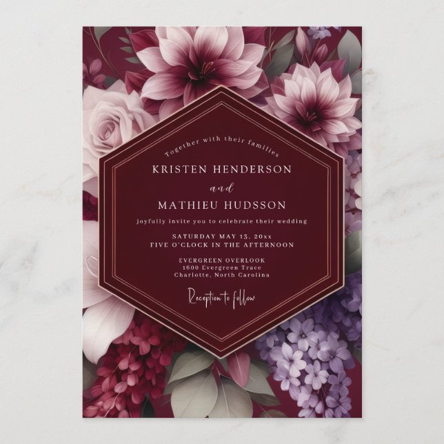 Burgundy Dramatic Botanical Wedding Invitation (Front)