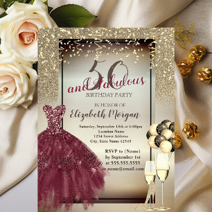 Burgundy Dress,Ballons,50th Birthday Party Invitation