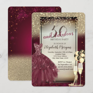 Burgundy Dress,Ballons,Gold 50th Birthday  Invitation