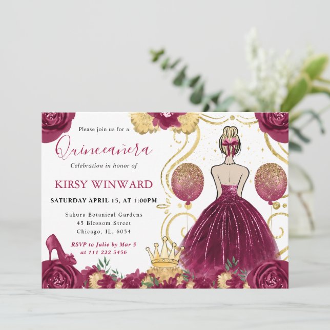 Burgundy Dress Blonde Hair Princess Quinceanera Invitation (Standing Front)