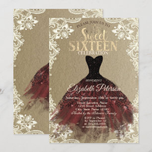 Burgundy Dress,Crown,Lace Kraft Sweet 16 Party Invitation
