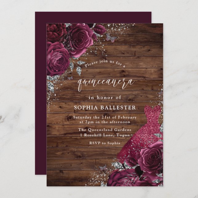 Burgundy Dress & Floral Roses Rustic Quinceanera Invitation (Front/Back)